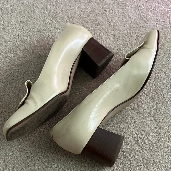 Celine Cream Leather Square-Toe Pumps with Gold Logo Plaque - Picture 9 of 12